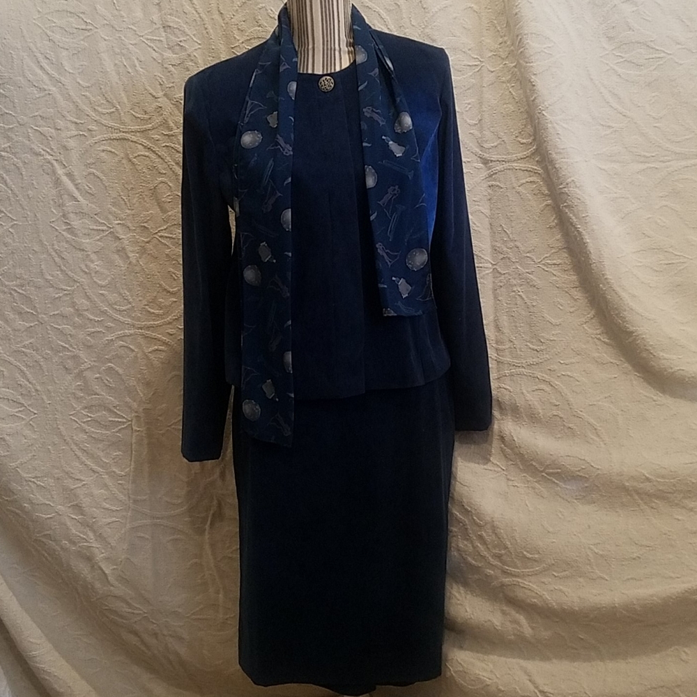 Leslie Fay 3PC Aqua Blue Blazer, Skirt & Scarf 10P